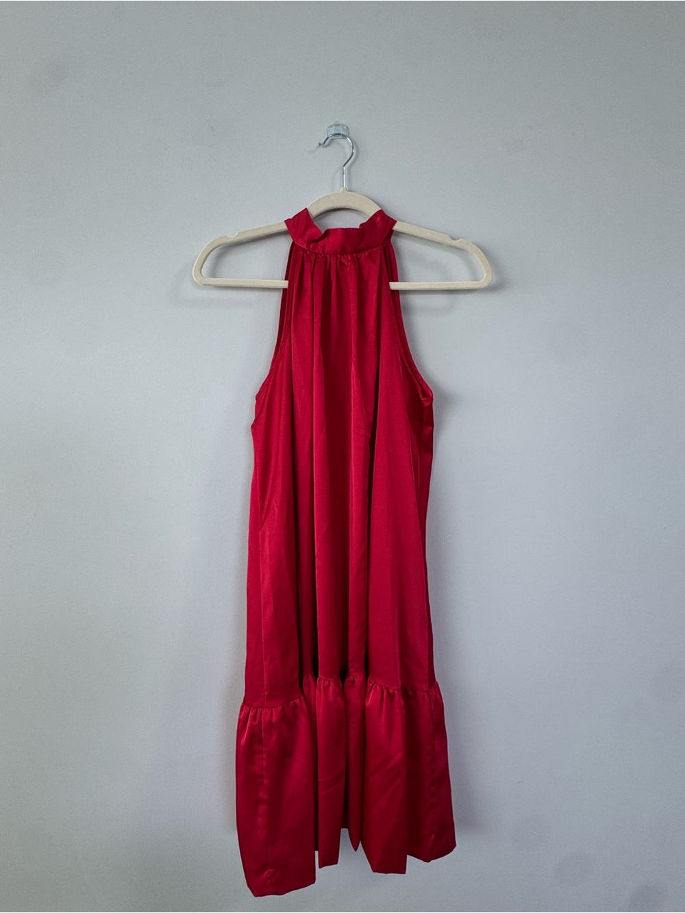 NWT Renee C. Red Satin Halter Mini Dress High Neck Tie Back Ruffle Hem